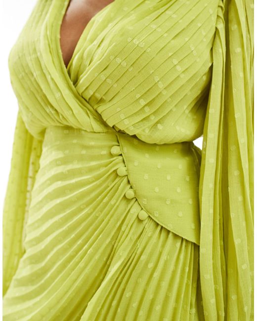 ASOS Yellow Pleated Dobby Chiffon Wrap Button Detail Mini Dress