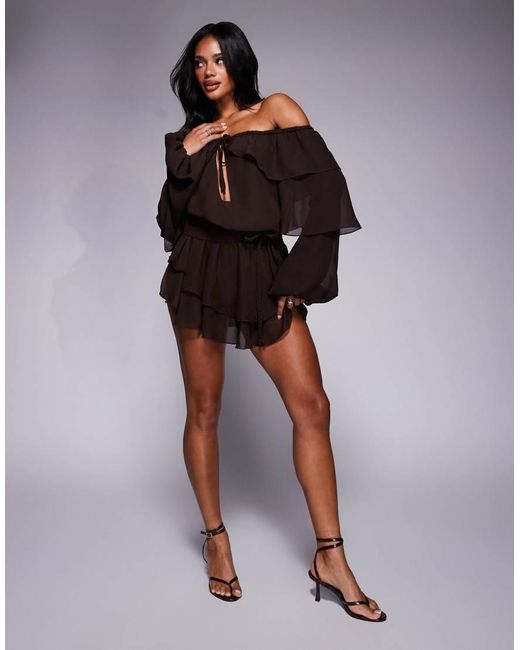 Murci Brown Chiffon Bardot Tiered Ruffle Mini Dress