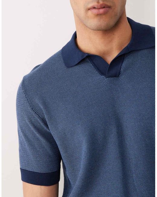 Mango Blue Knit Camp Collar Short Sleeve Polo Shirt for men