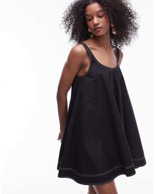 TOPSHOP Black Poplin Trapeze Mini Dress With Topstitch Detail