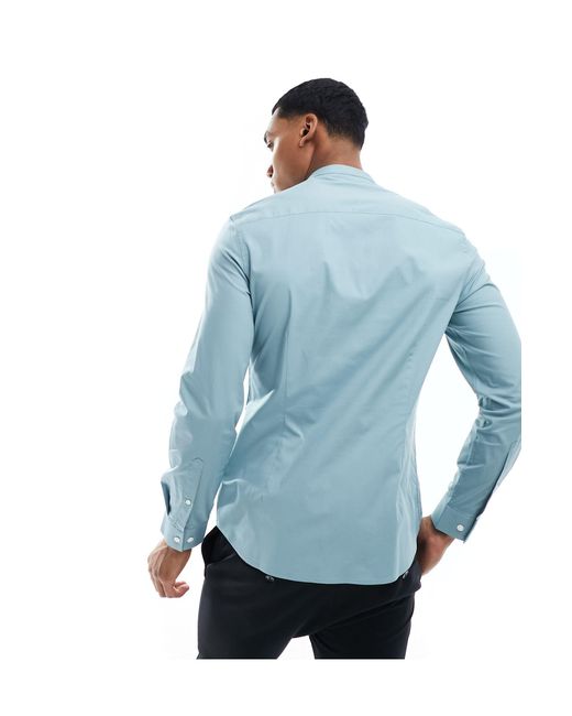 ASOS Blue Slim Fit Grandad Collar Shirt for men