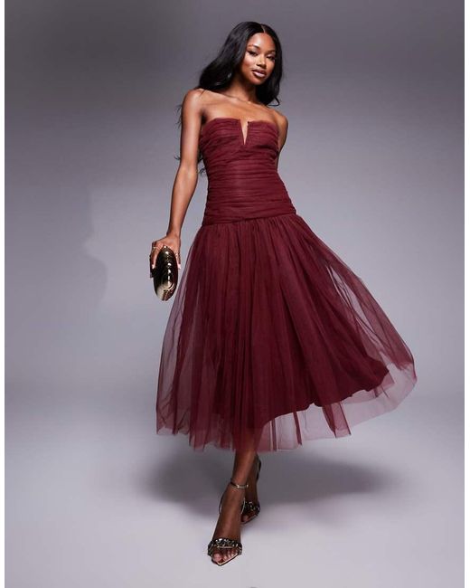 LACE & BEADS Red Drop Hem Tulle Midaxi Dress