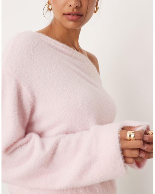 ASOS Pink Fluffy Knitted One Shoulder Jumper With Cinched Waist