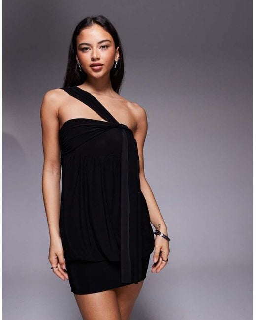 Fashionkilla Black Exclusive Double Sculpted Slinky Asymmetric Knot Strap Fold Over Mini Dress