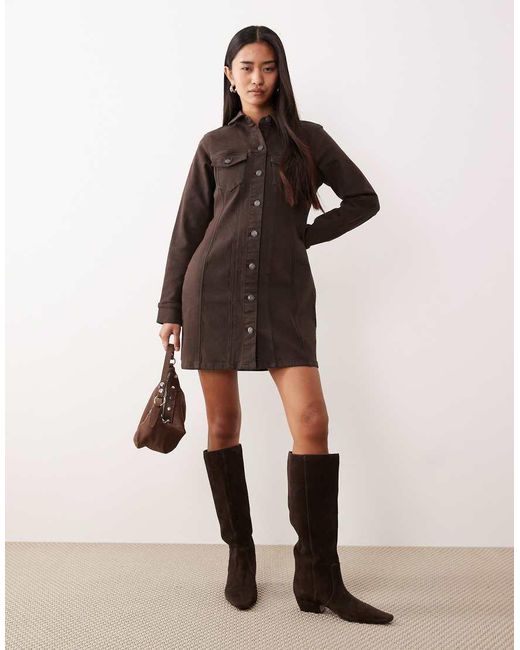 ASOS Natural Denim Long Sleeve Fitted Shirt Dress