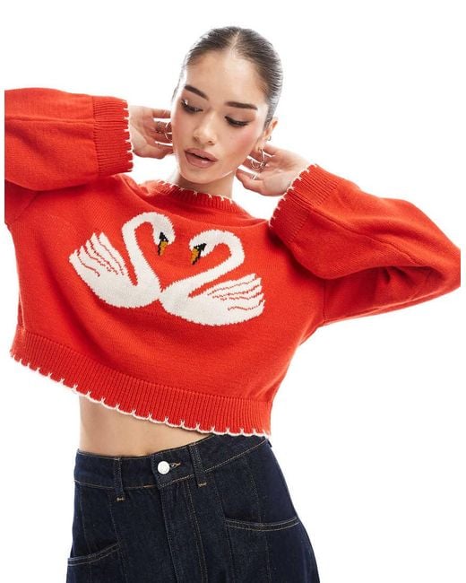 Miss Selfridge Red Blanket Stitch Swan Heart Jumper
