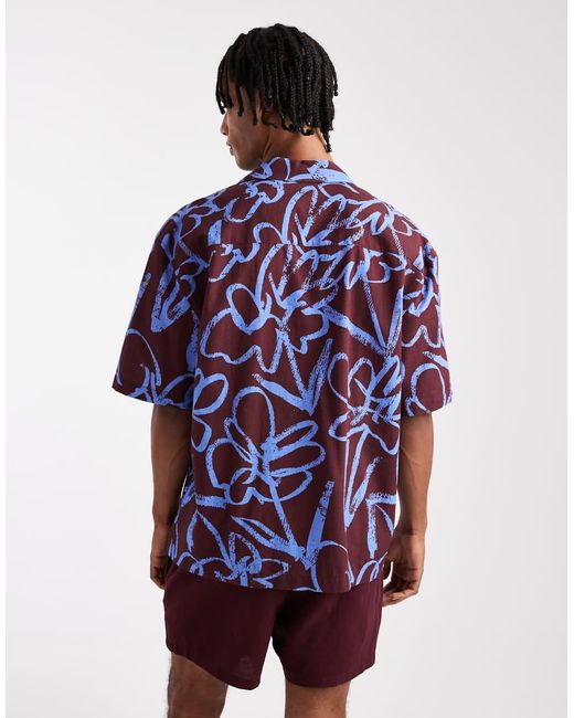 Camicia Con Rever Vestibilità Comoda Bordeaux A Fiori di ASOS in Blue da Uomo