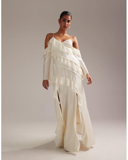 ASOS Natural Satin Chiffon Mix Ruffle Cold Shoulder Maxi Dress