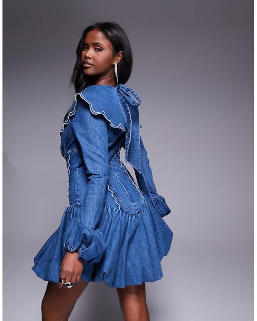 ASOS Denim Mini Dress With Scallop Detail And Bubble Hem in Blue | Lyst