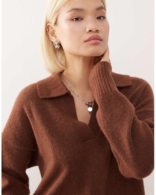 Monki Brown Knitted Polo Jumper