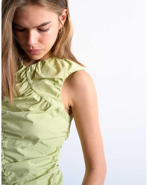 TOPSHOP Green Poplin Ruched Shell Top