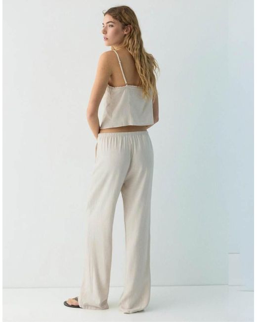 Pull&Bear White Flowing Viscose Linen Blend Trousers