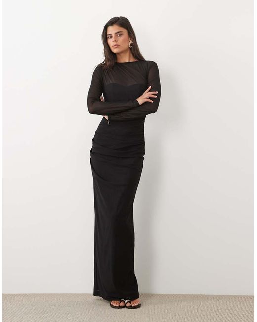 TFNC London Black Mesh Overlay Jersey Long Sleeve Maxi Dress