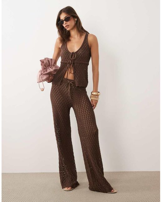 4th & Reckless Brown Cotton Blend Crochet Tie Split Front Beach Top Co-Ord