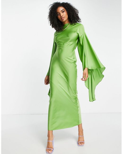 ASOS Satin Maxi Dress With Extreme Drape Sleeve And Open Back in Green ...