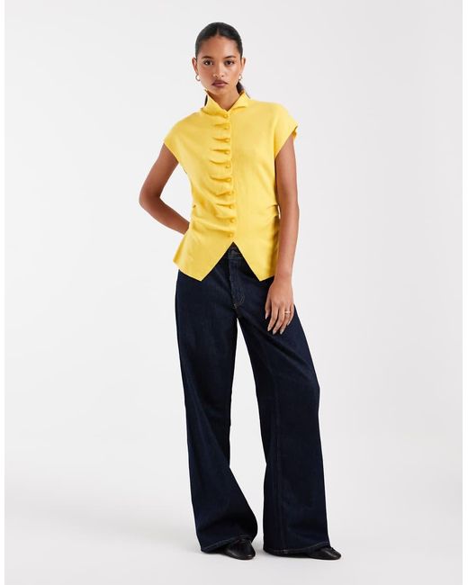 ASOS Yellow Placket Detail High Neck Button Through Top