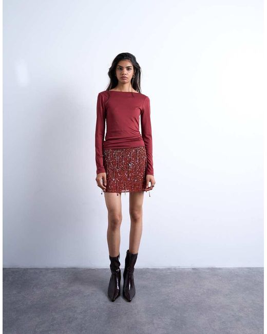 TOPSHOP Top Van Gladde Stof Met Lage Achterkant En Lange Mouwen in het Red