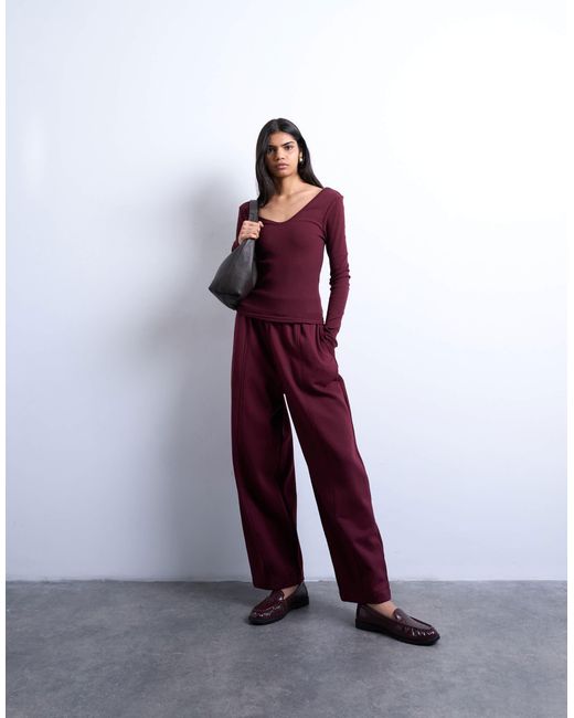 Top manches longues côtelé avec col v et ourlet arrondi - bordeaux TOPSHOP en coloris Purple
