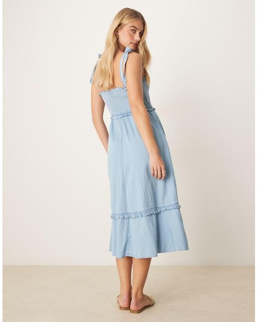 Y.A.S Blue Tie Shoulder Chambray Denim Midi Dress With Shirred Bust