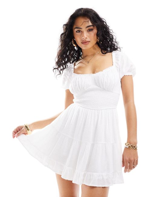 Hollister White Smocked Waist Mini Dress With Pockets And Hidden Shorts