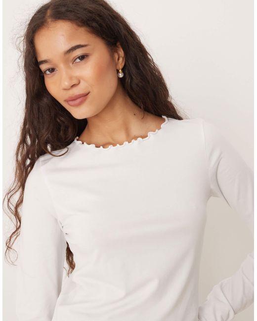 JJXX White Lettuce Hem Long Sleeve Top