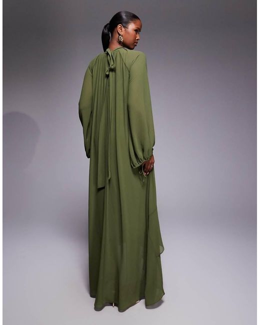 TFNC London Green Chiffon Balloon Sleeve Ruffle High Low Hem Maxi Dress
