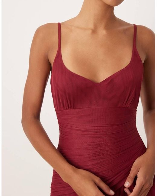 LACE & BEADS Red Tulle Cami Sweetheart Neck Asymmetric Drop Waist Maxi Dress
