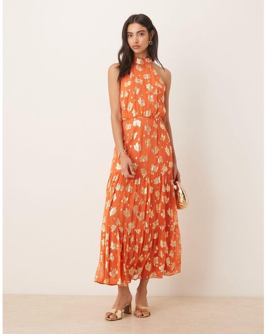 Maya Orange Floral Halter Neck Tiered Midaxi Dress
