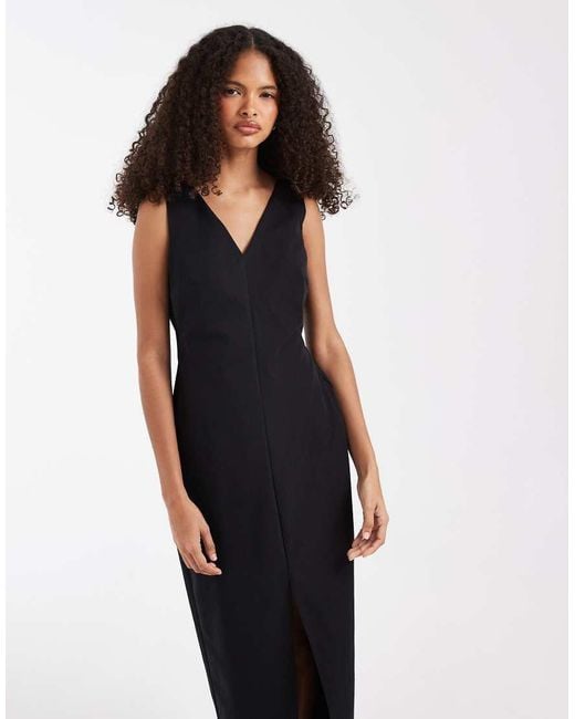 ASOS Blue V-Neck Column Midi Dress With Double Split