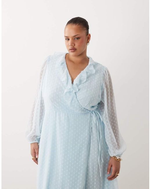 Vila Curve Blue Long Sleeved Dobby Chiffon Maxi Dress