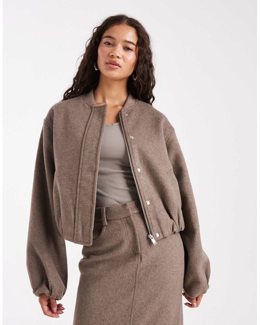 4th & Reckless Brown Wool Blend Soft Tailored Collarless Balloon Sleeve Bomber Jacket Co-ord