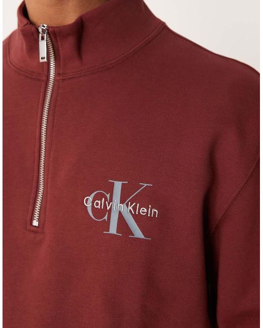 Calvin Klein Red Monologo Quarter Zip Jumper for men