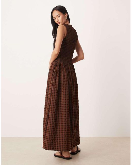 ASOS Brown Crinkle Scoop Neck Maxi Sundress With Shirred Waist