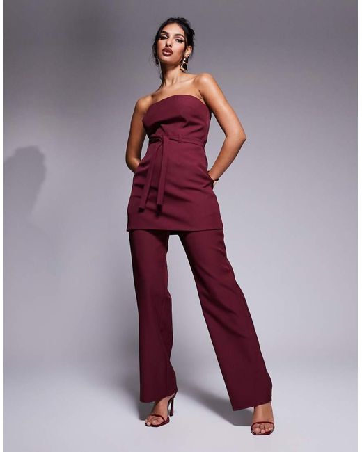 Top De Sastre Largo Con Lazada En La Cintura Y Escote Palabra De Honor Exclusivo De (Parte De Un Conjunto)-Rojo Kaiia de color Red