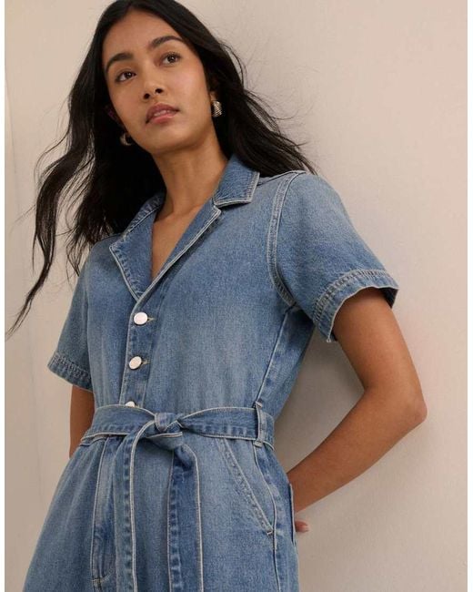 Nobody's Child Blue Mid Wash Denim Tie Waist Mylos Jumpsuit
