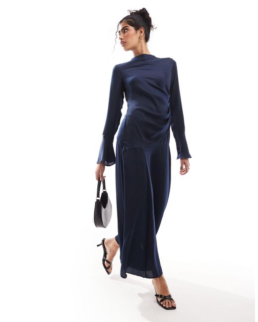 ASOS Blue Ruched Side Cowl Neck Maxi Dress With Asymmetric Tier