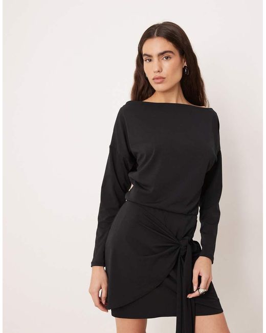 Abercrombie & Fitch Black Slash Neck Long Sleeve Mini Dress With Tie Up Front Detail