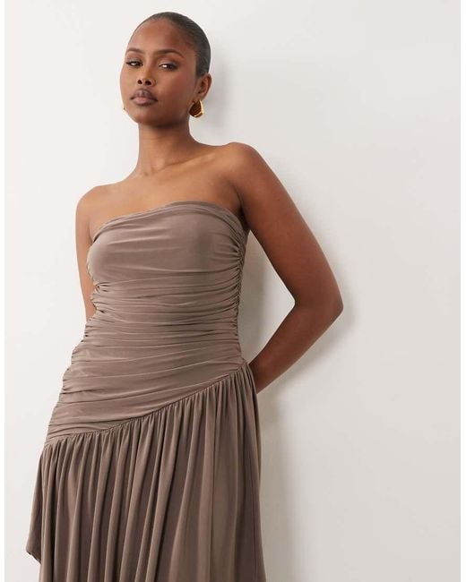 ASOS Natural Ruched Bandeau Hanky Hem Slinky Midi Dress