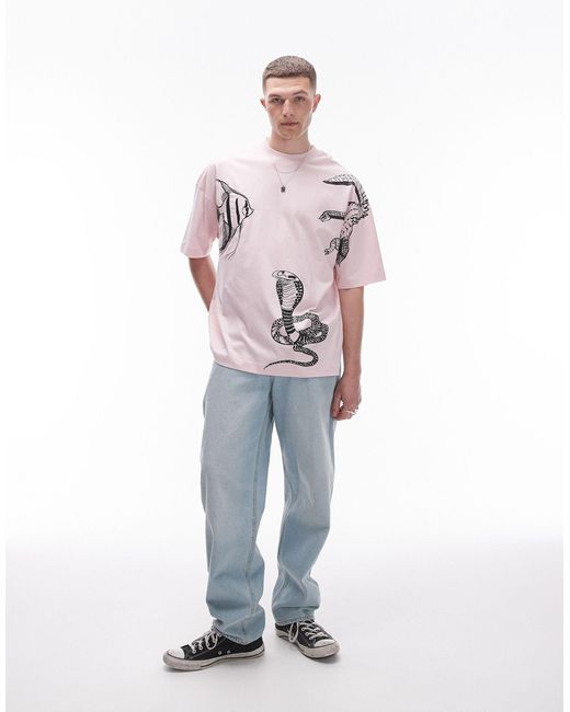 Topman Pink Extreme Oversized Fit T-shirt With Animal Embroidery for men
