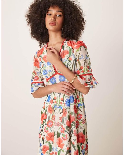 Hope & Ivy Multicolor Frill Sleeve Thigh Split Open Back Maxi Dress
