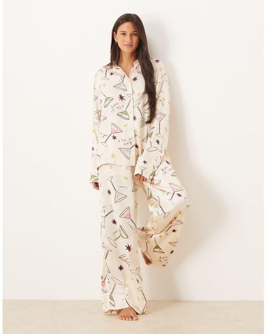 ASOS Natural Oversized Satin Shirt And Trouser Pyjama Set