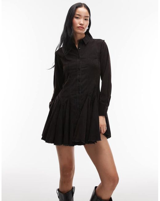 Vestido Camisero Negro Lavado Con Cintura Entallada Y Godets De Pana De ASOS de color Black