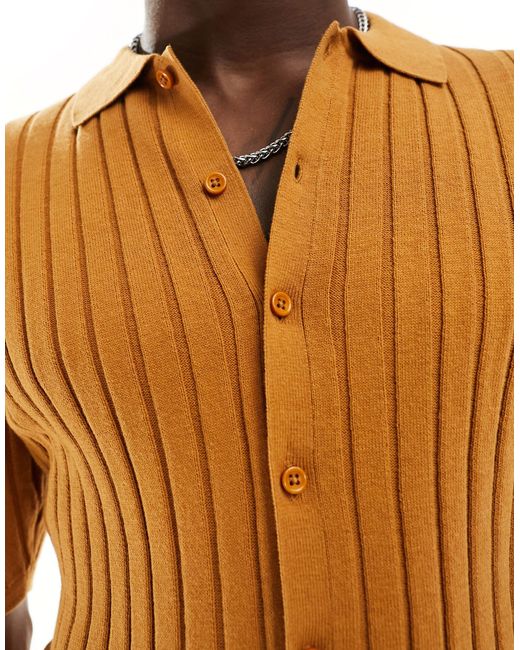 ASOS Orange Lightweight Knitted Rib Button Through Polo for men