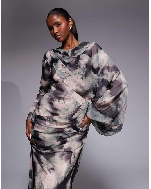 ASOS Gray Drape Front Blouson Sleeve Maxi Dress