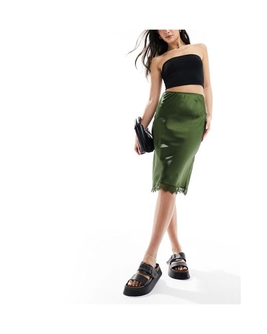 ASOS Green Satin Midi Skirt With Lace Trim
