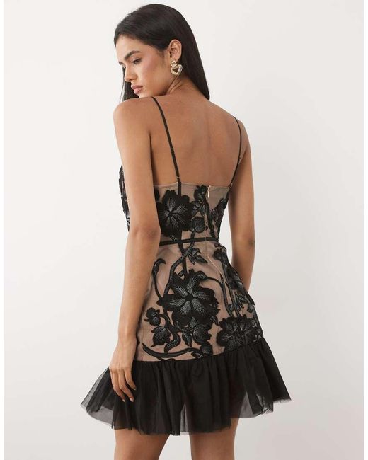JW PEI Black Lace Floral V-neck Ruffle Hem Cami Mini Dress