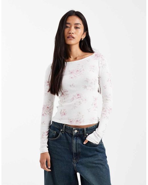 Hollister White Long Sleeve Slash Neck Ribbed Top