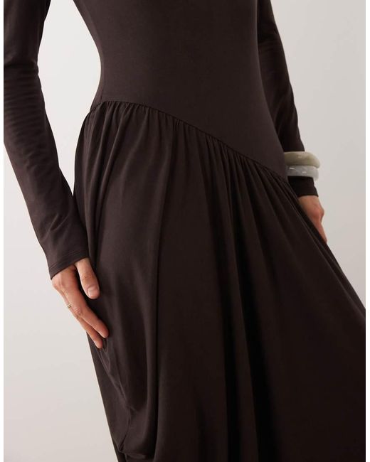 ASOS Brown Long Sleeve Draped Skirt Midi Dress