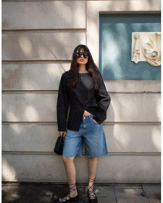 NA-KD Blue Low Waist Loose Raw Hem Denim Shorts