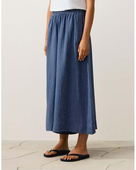 Oysho Blue 100% Linen Super Wide-leg Cropped Trousers
